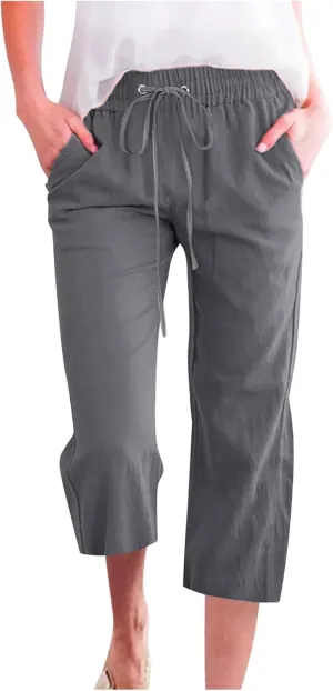 Lmdudan 2025 Capri Pants for Women Summer Drawstring Capris Linen Pants Beach Straight Wide Leg Cropped Trousers with Pockets