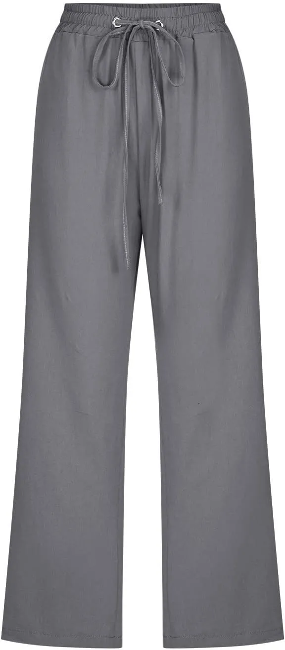 Lmdudan 2025 Capri Pants for Women Summer Drawstring Capris Linen Pants Beach Straight Wide Leg Cropped Trousers with Pockets