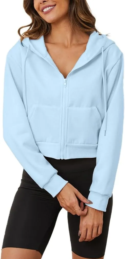 LOFAAC Women Fleece Full Zip Up Cropped Hoodie Sweatshirt 90s Long Sleeve Drawstring Hooded Crop Jacket Top with Pockets