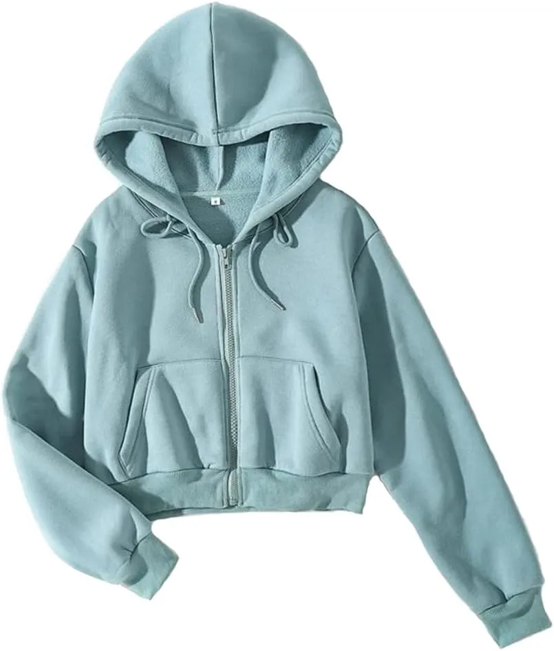 LOFAAC Women Fleece Full Zip Up Cropped Hoodie Sweatshirt 90s Long Sleeve Drawstring Hooded Crop Jacket Top with Pockets
