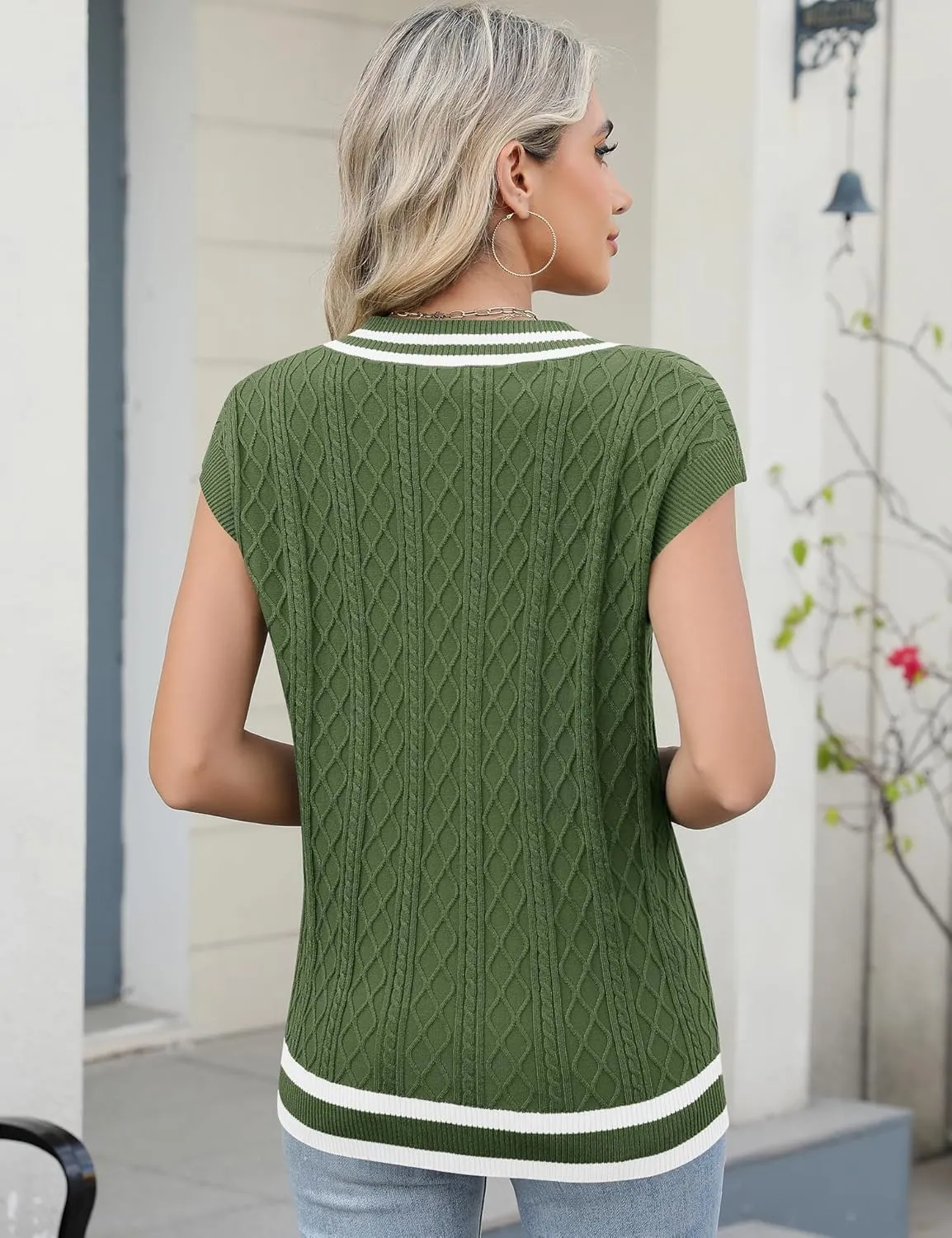 LOMON Womens V Neck Sweater Vest Cap Sleeve Cable Knit Casual Loose Fit Pullover Sleeveless Tank Top