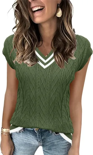 LOMON Womens V Neck Sweater Vest Cap Sleeve Cable Knit Casual Loose Fit Pullover Sleeveless Tank Top