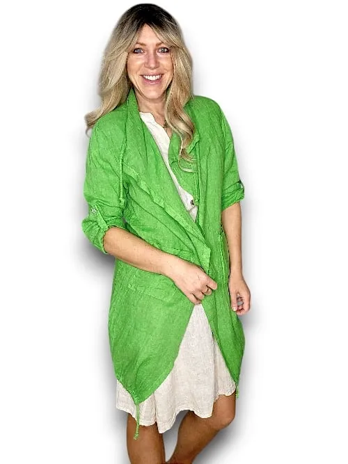 LONG DRAWSTRNG LINEN JACKET BRIGHT GREEN
