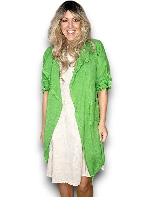 LONG DRAWSTRNG LINEN JACKET BRIGHT GREEN