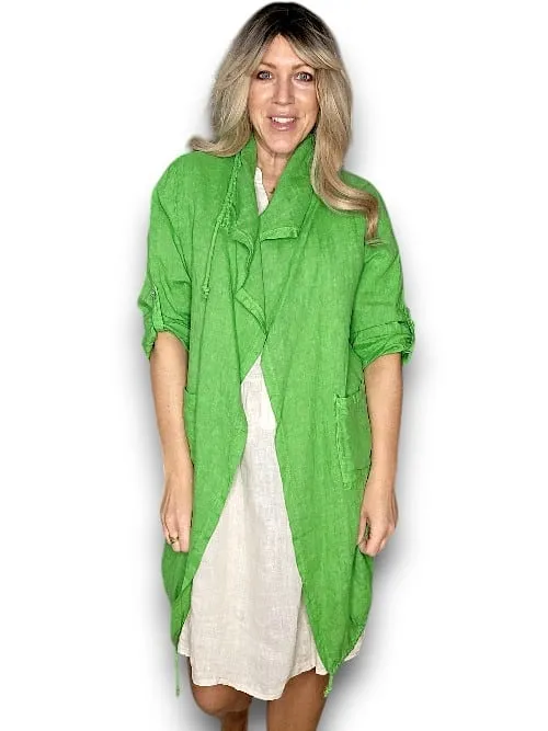 LONG DRAWSTRNG LINEN JACKET BRIGHT GREEN