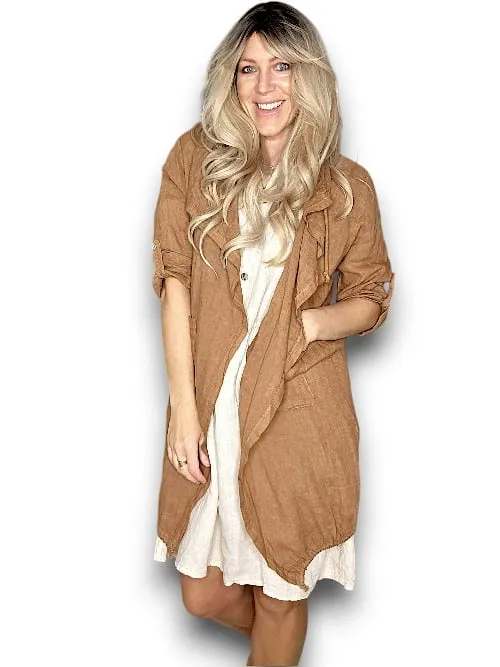 LONG DRAWSTRNG LINEN JACKET COFFEE