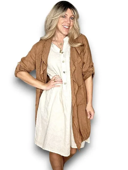LONG DRAWSTRNG LINEN JACKET COFFEE