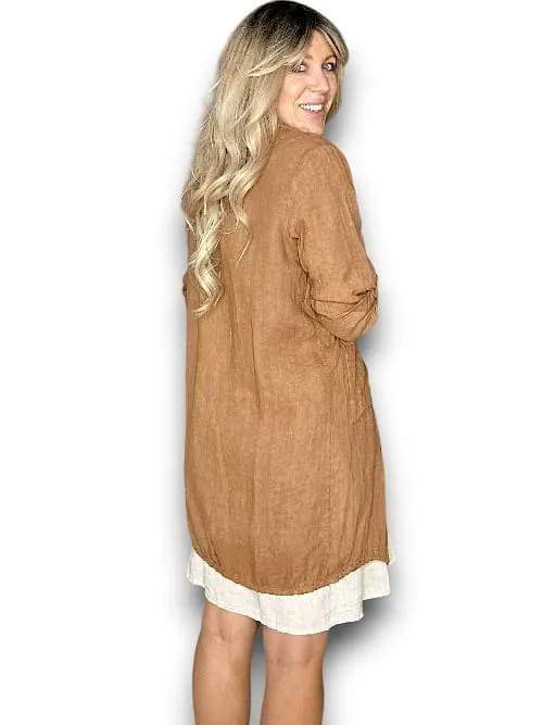 LONG DRAWSTRNG LINEN JACKET COFFEE