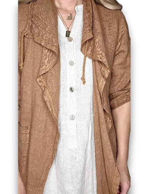 LONG DRAWSTRNG LINEN JACKET COFFEE