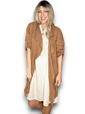 LONG DRAWSTRNG LINEN JACKET COFFEE