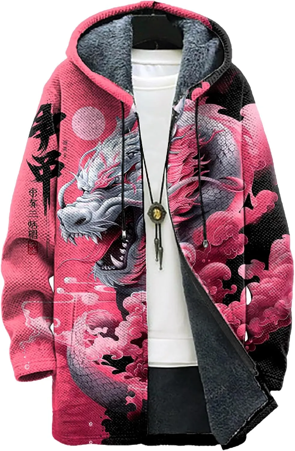 Long Hooded Cardigan Men Japanese Neon Art Graphic Open Front Zip Up Fleece Warm Fall Novelty Lightweight Coat