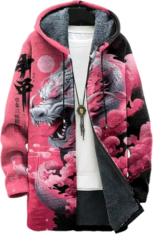 Long Hooded Cardigan Men Japanese Neon Art Graphic Open Front Zip Up Fleece Warm Fall Novelty Lightweight Coat