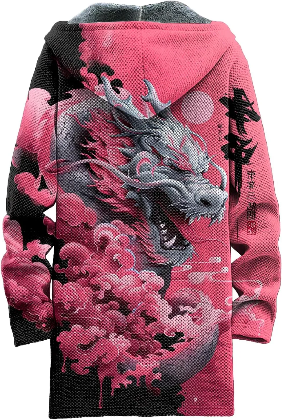 Long Hooded Cardigan Men Japanese Neon Art Graphic Open Front Zip Up Fleece Warm Fall Novelty Lightweight Coat