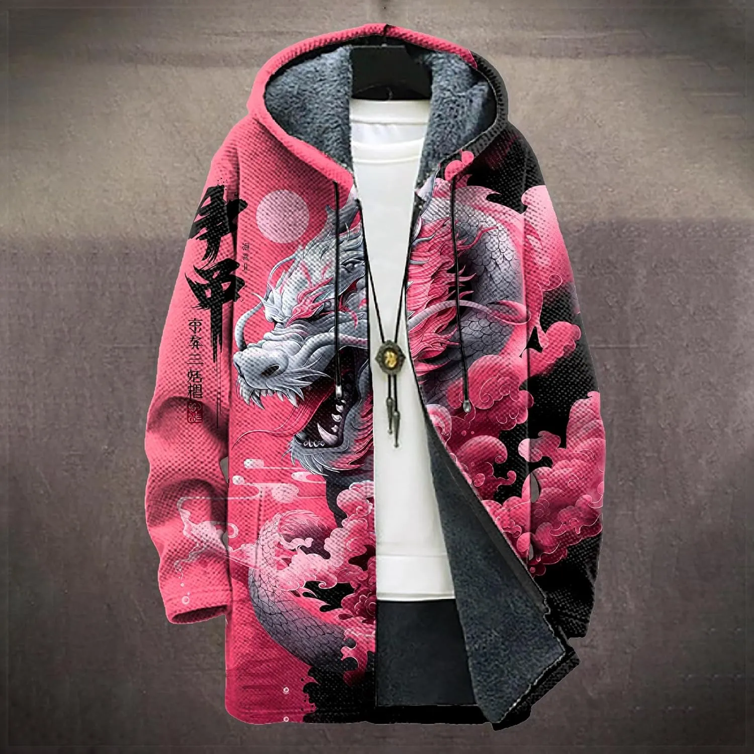 Long Hooded Cardigan Men Japanese Neon Art Graphic Open Front Zip Up Fleece Warm Fall Novelty Lightweight Coat