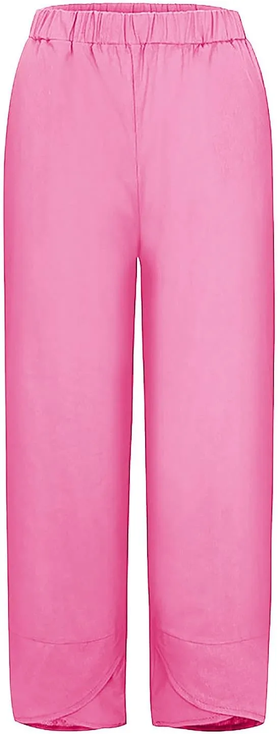 Lpmadey Women Cotton Linen Capris Pants Front Slit Elastic Waist Casual Pant Summer Solid Lounge Cropped Trouser with Pockets