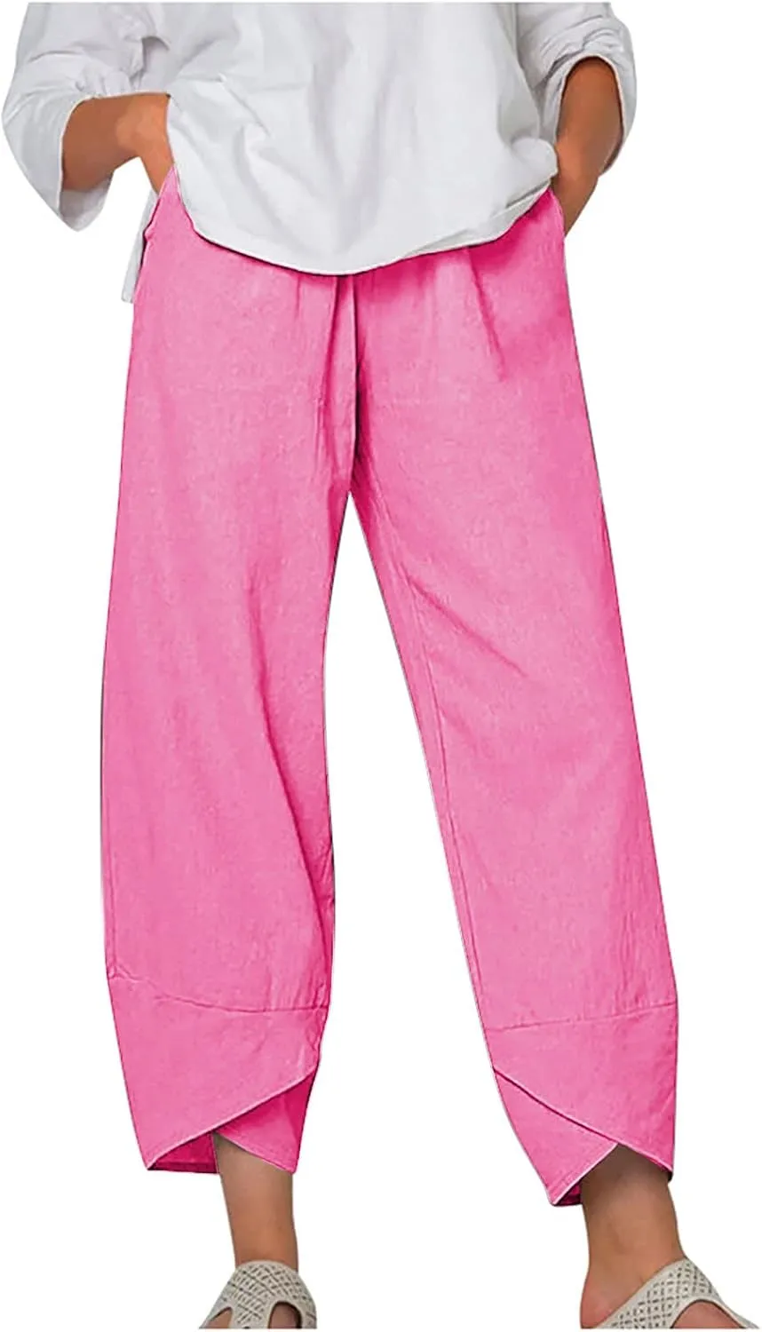 Lpmadey Women Cotton Linen Capris Pants Front Slit Elastic Waist Casual Pant Summer Solid Lounge Cropped Trouser with Pockets