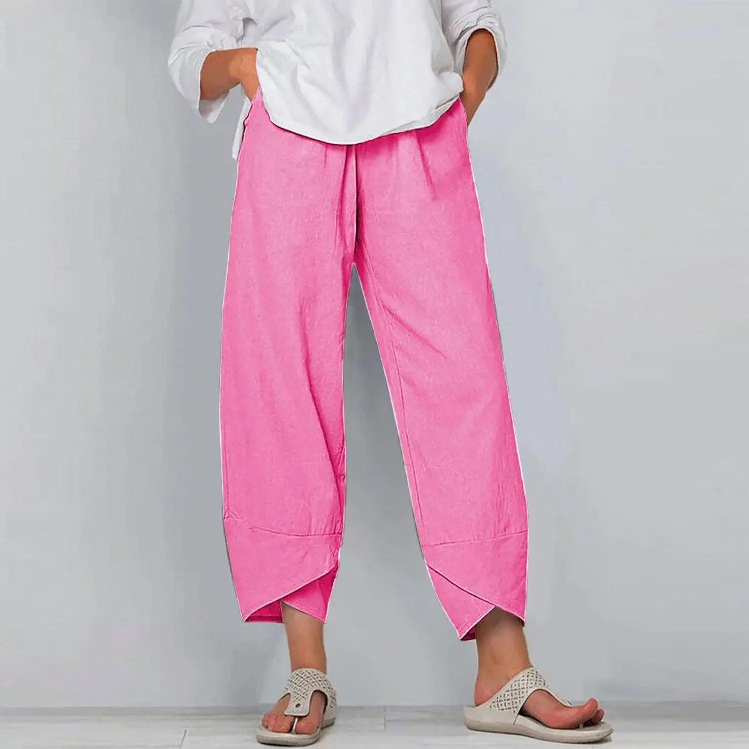 Lpmadey Women Cotton Linen Capris Pants Front Slit Elastic Waist Casual Pant Summer Solid Lounge Cropped Trouser with Pockets