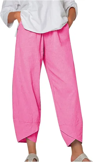 Lpmadey Women Cotton Linen Capris Pants Front Slit Elastic Waist Casual Pant Summer Solid Lounge Cropped Trouser with Pockets