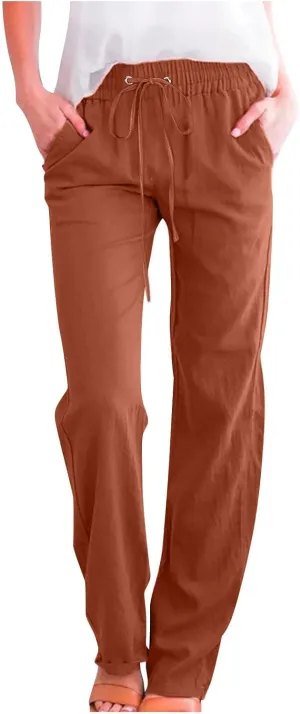 LRMQS Womens Casual Linen Pants 2024 Spring Drawstring Elastic Waist Trousers with Pockets Lounge Fashion Vacation Clothing
