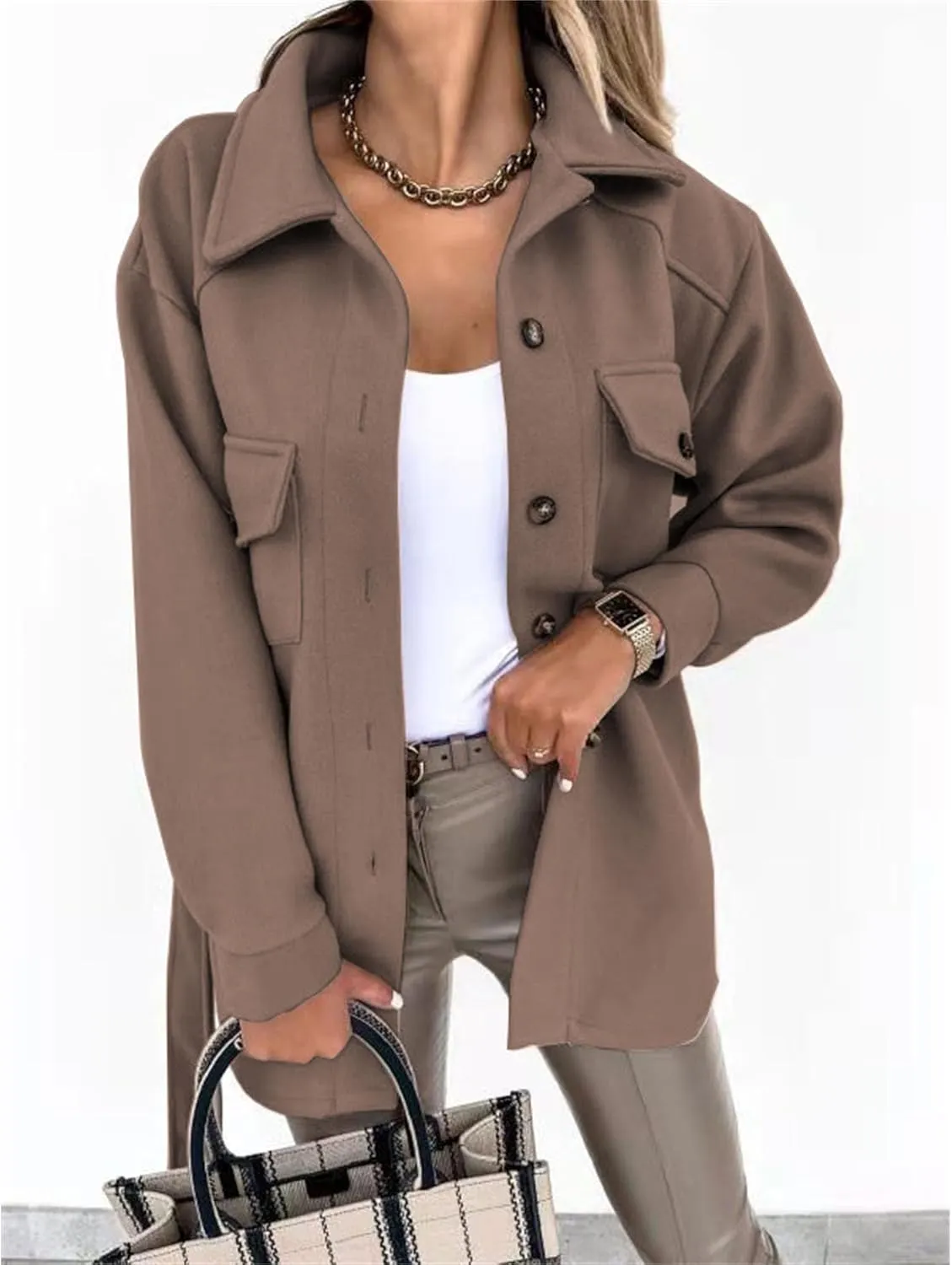 Maiyifu-GJ Women's Casual Trench Coat Wool Blend Coats Jackets Lapel Single Breasted Overcoats Mid Length Outerwear
