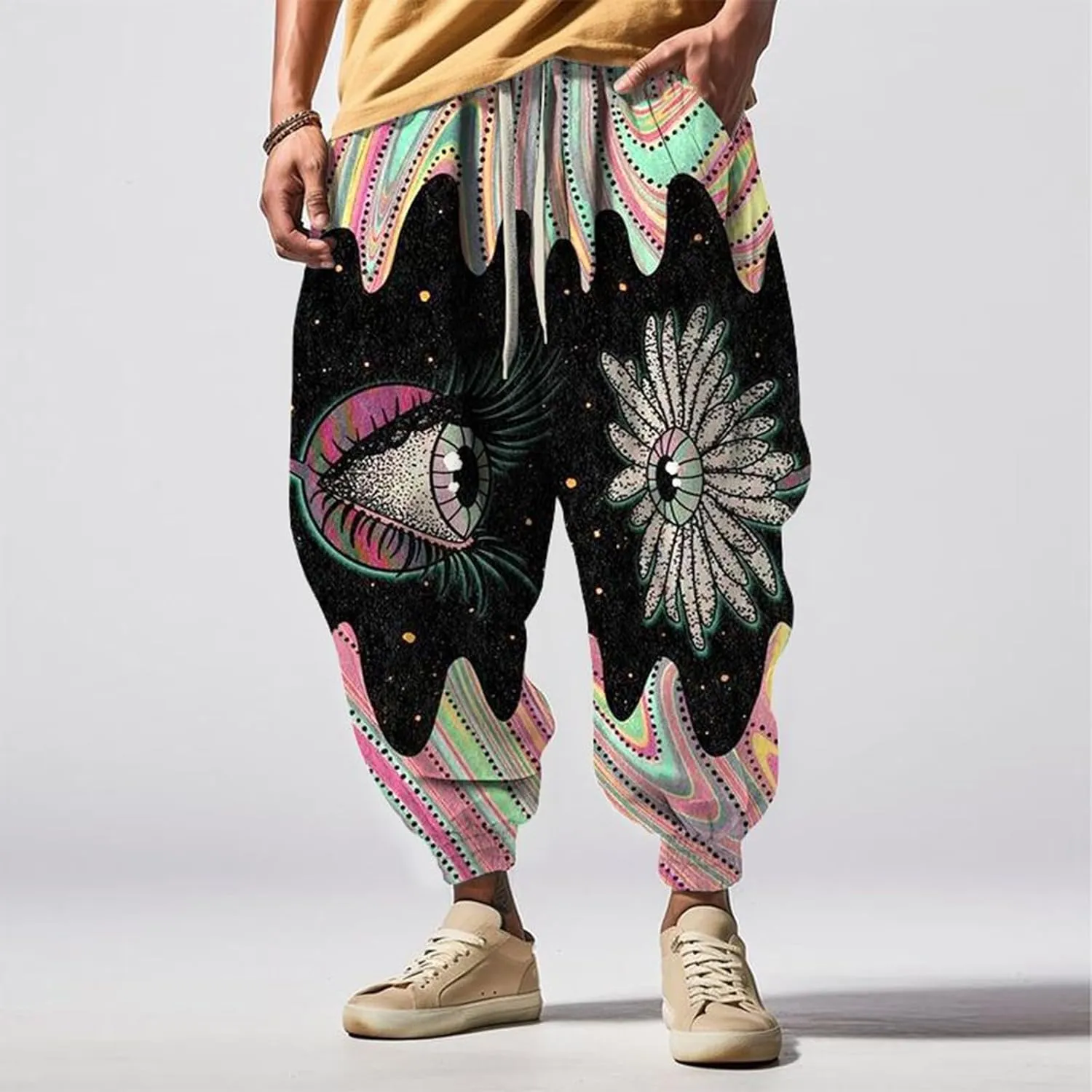 Men Drop Crotch Wide Leg Baggy Harem Pants Men's Autumn Fun Print Fashion Street Feel Casual Loose Drop Crotch