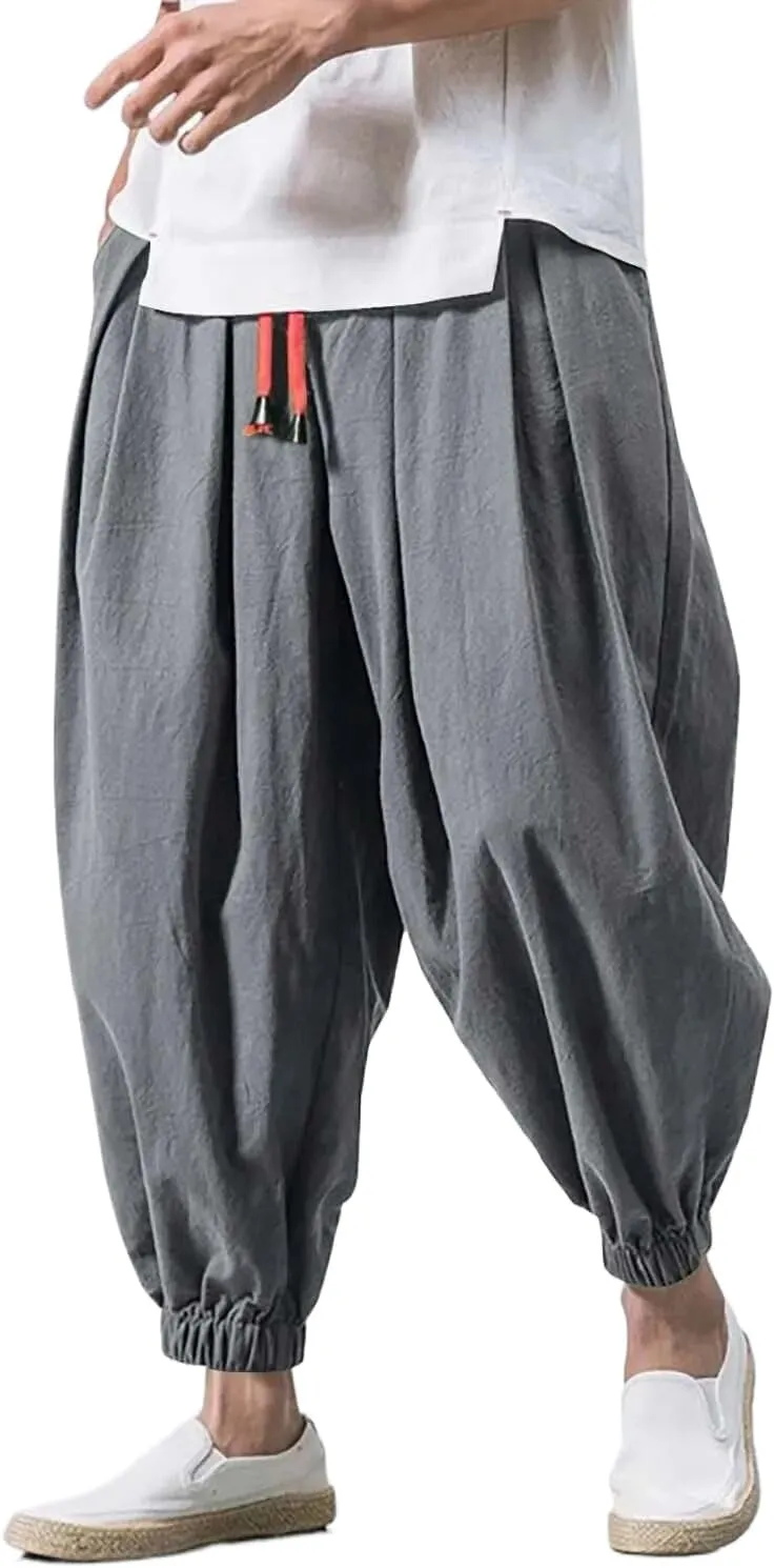 Men Loose Harem Pants Autumn Chinese Linen Sweatpants Casual Trousers Male
