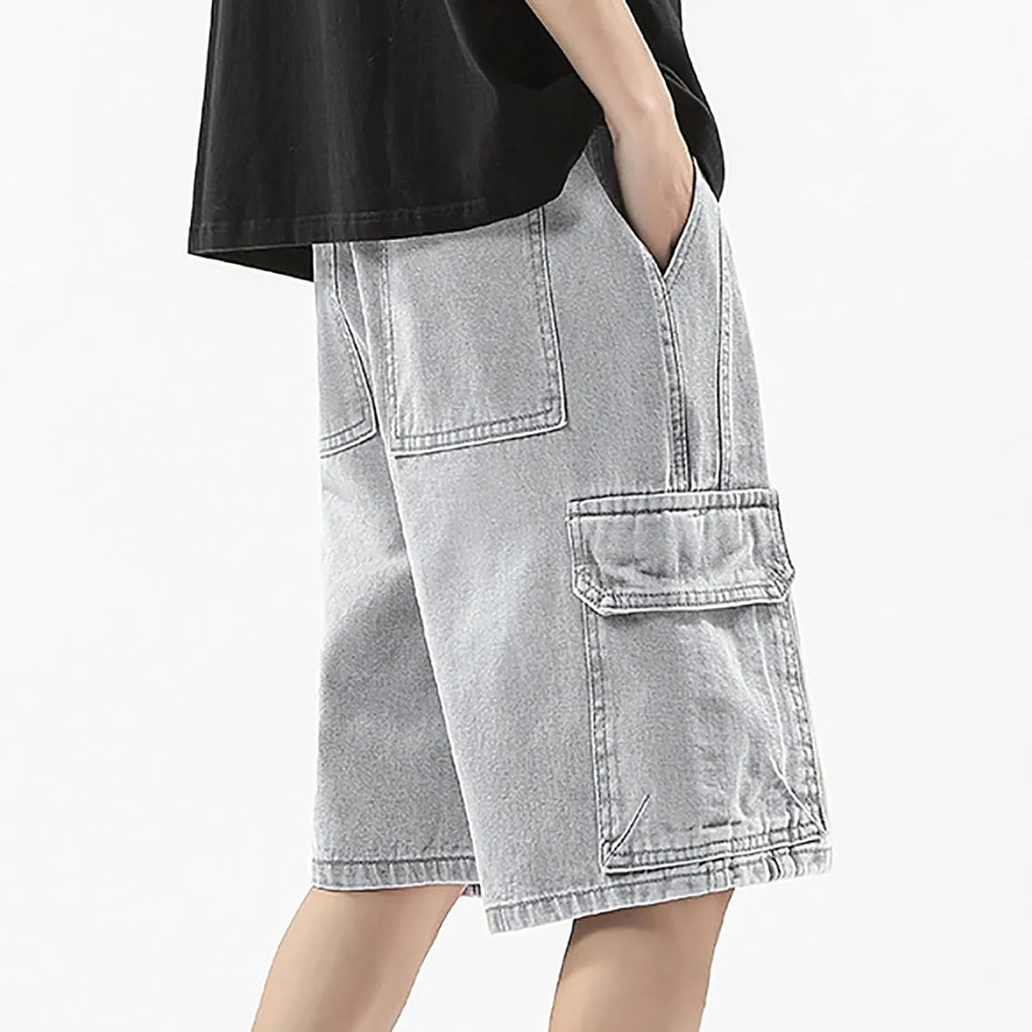 Mens Baggy Denim Jorts Y2K Vintage Loose Hip Hop Jean Shorts Wide Leg Mid Jeans Streetwear Clothes