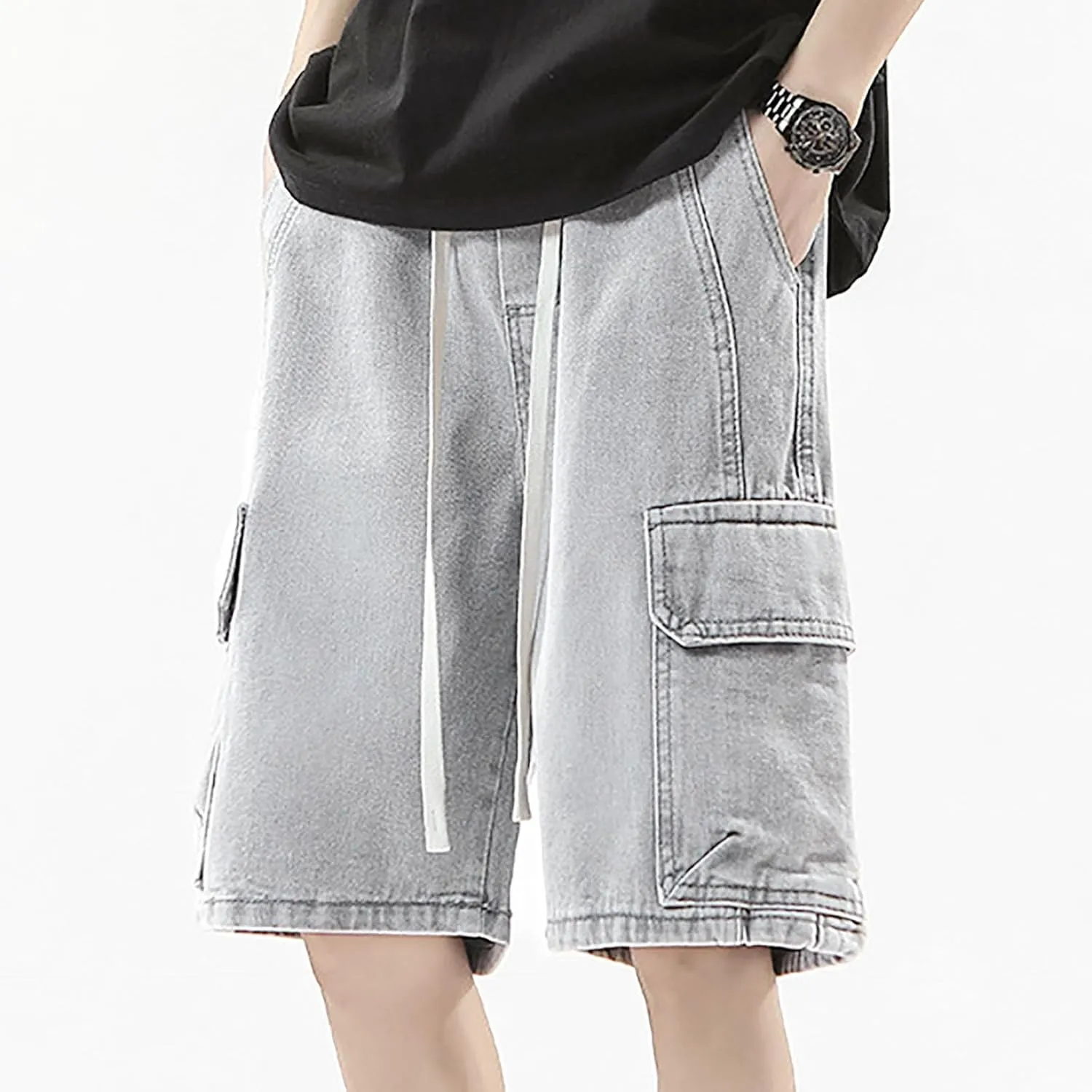 Mens Baggy Denim Jorts Y2K Vintage Loose Hip Hop Jean Shorts Wide Leg Mid Jeans Streetwear Clothes