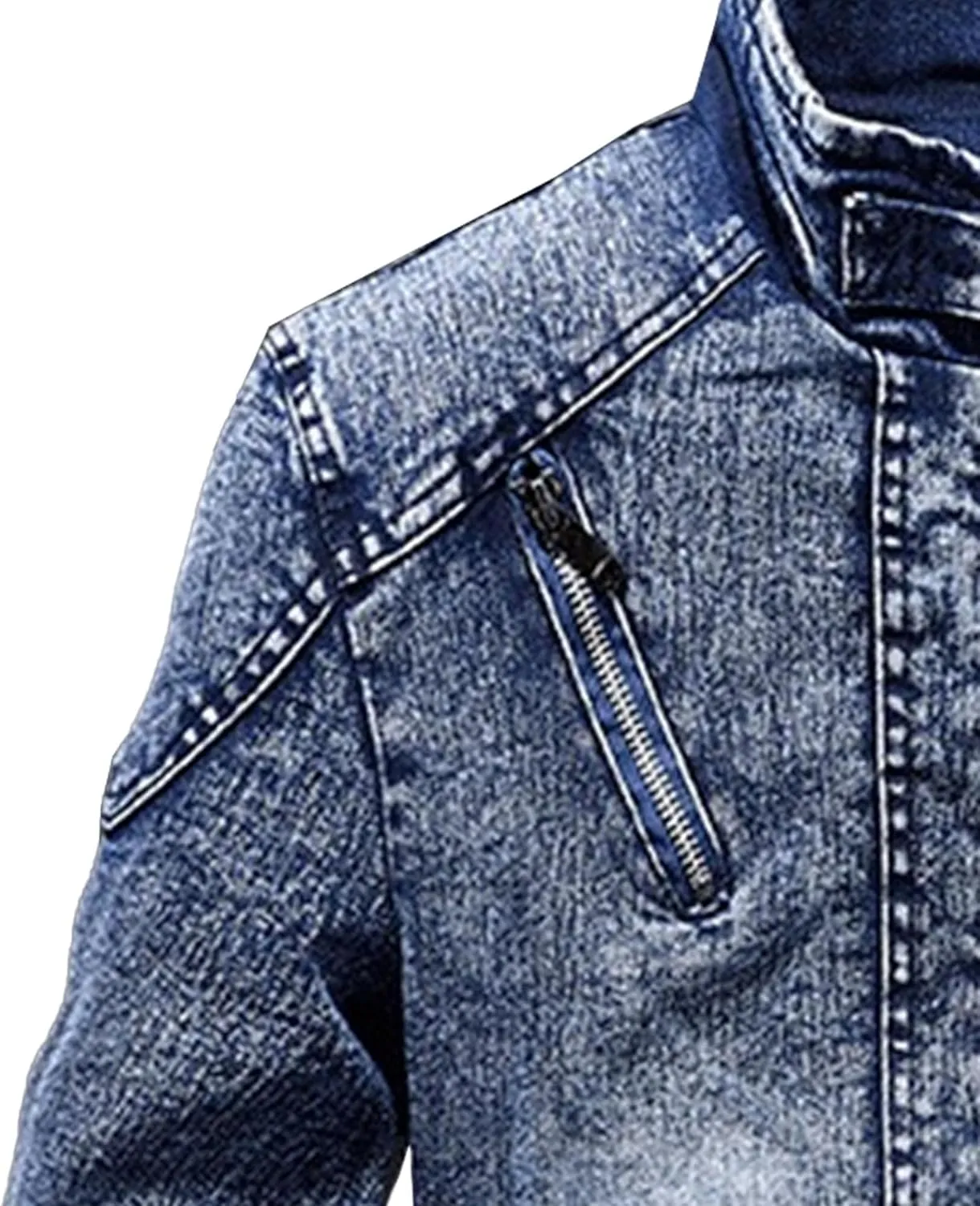 Men's Banded Collar Denim Jacket Distressed Moto Button Down Denim Shirt Full Zip Long Sleeve Winter Jacket