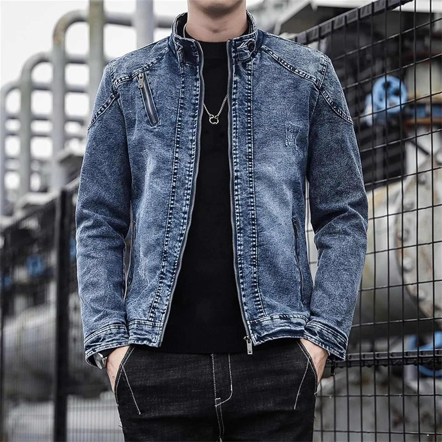 Men's Banded Collar Denim Jacket Distressed Moto Button Down Denim Shirt Full Zip Long Sleeve Winter Jacket