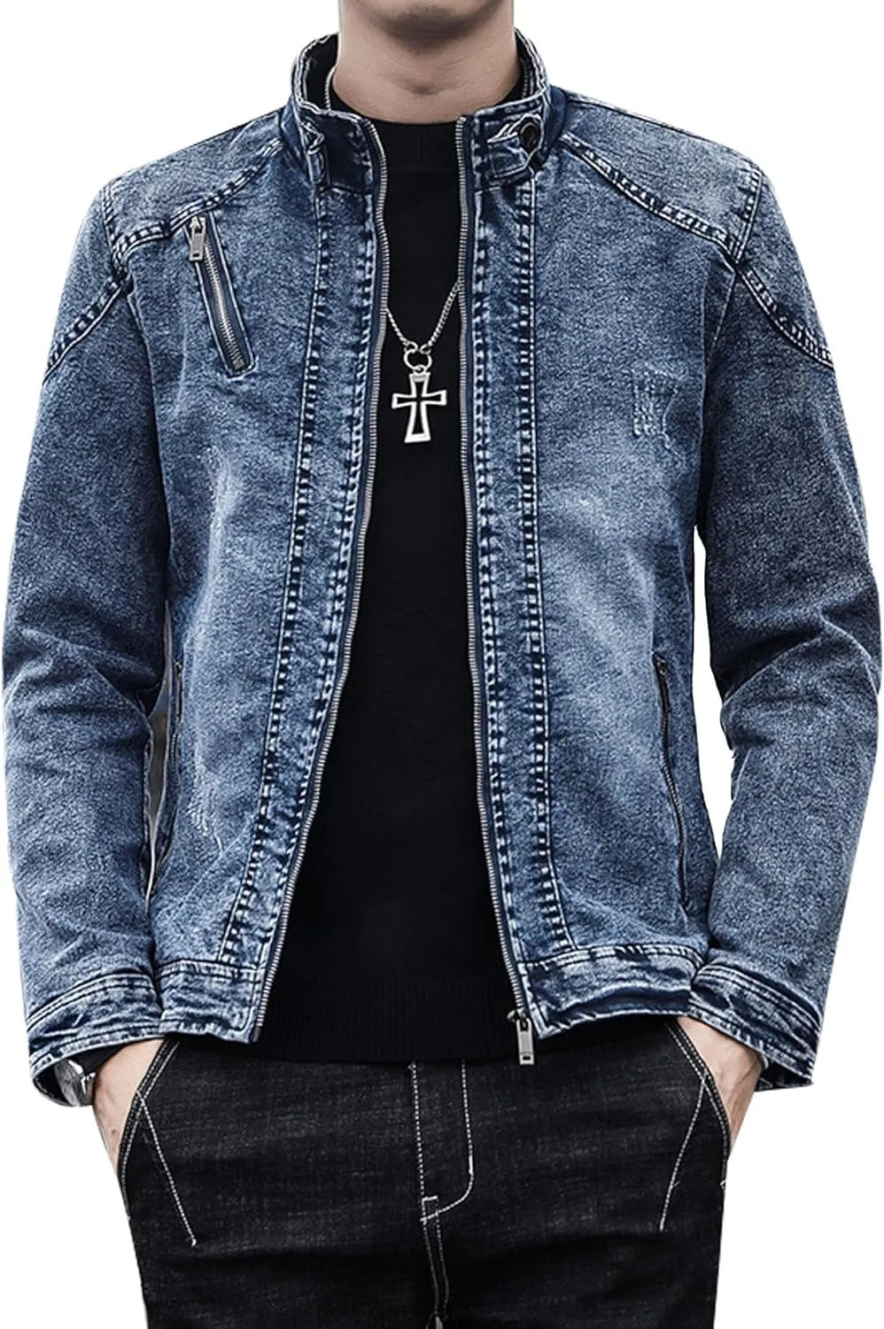 Men's Banded Collar Denim Jacket Distressed Moto Button Down Denim Shirt Full Zip Long Sleeve Winter Jacket