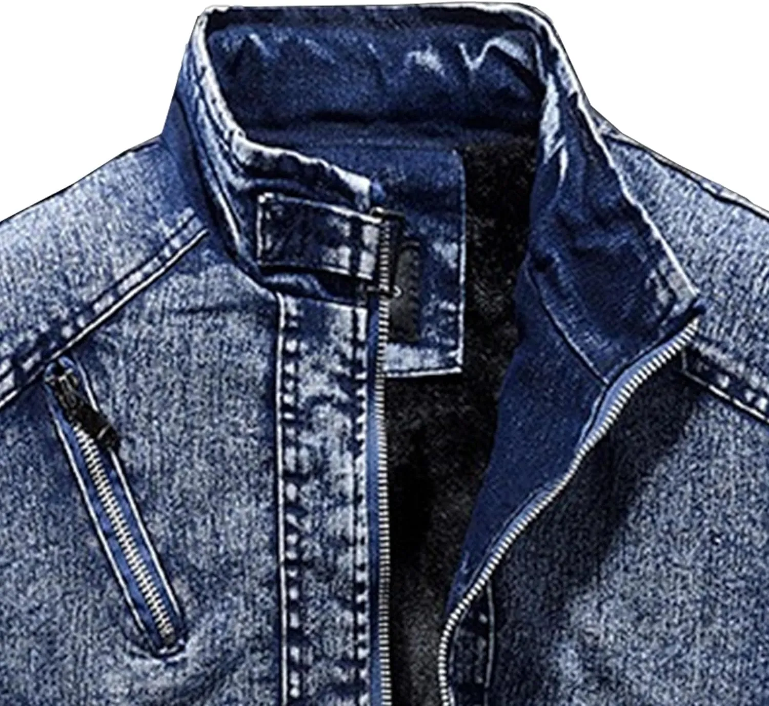 Men's Banded Collar Denim Jacket Distressed Moto Button Down Denim Shirt Full Zip Long Sleeve Winter Jacket