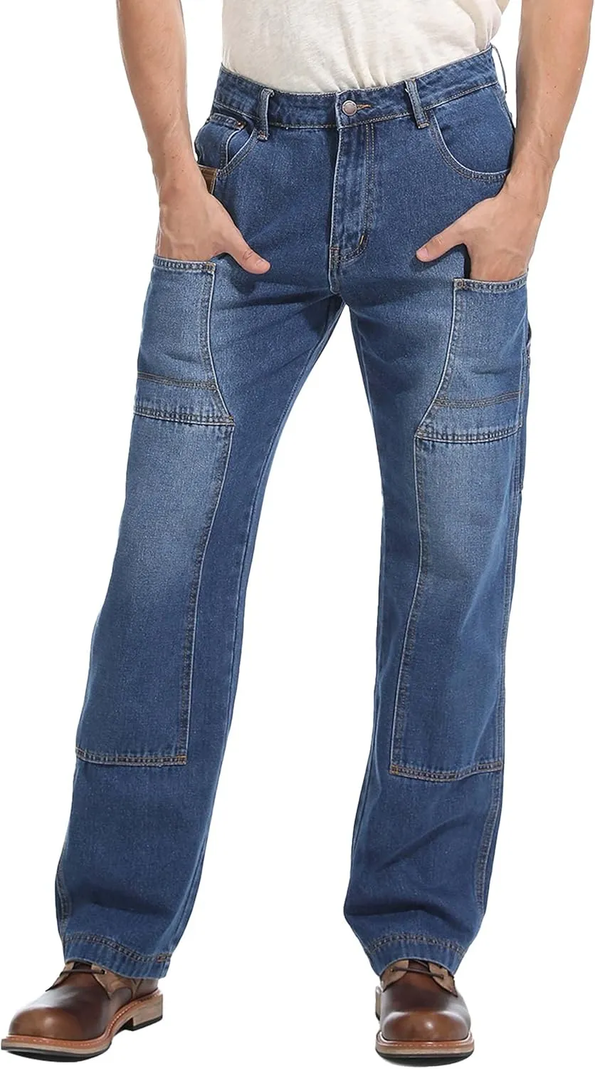 Mens Carpenter Jeans Double Knee Denim Cargo Pants Relaxed Fit
