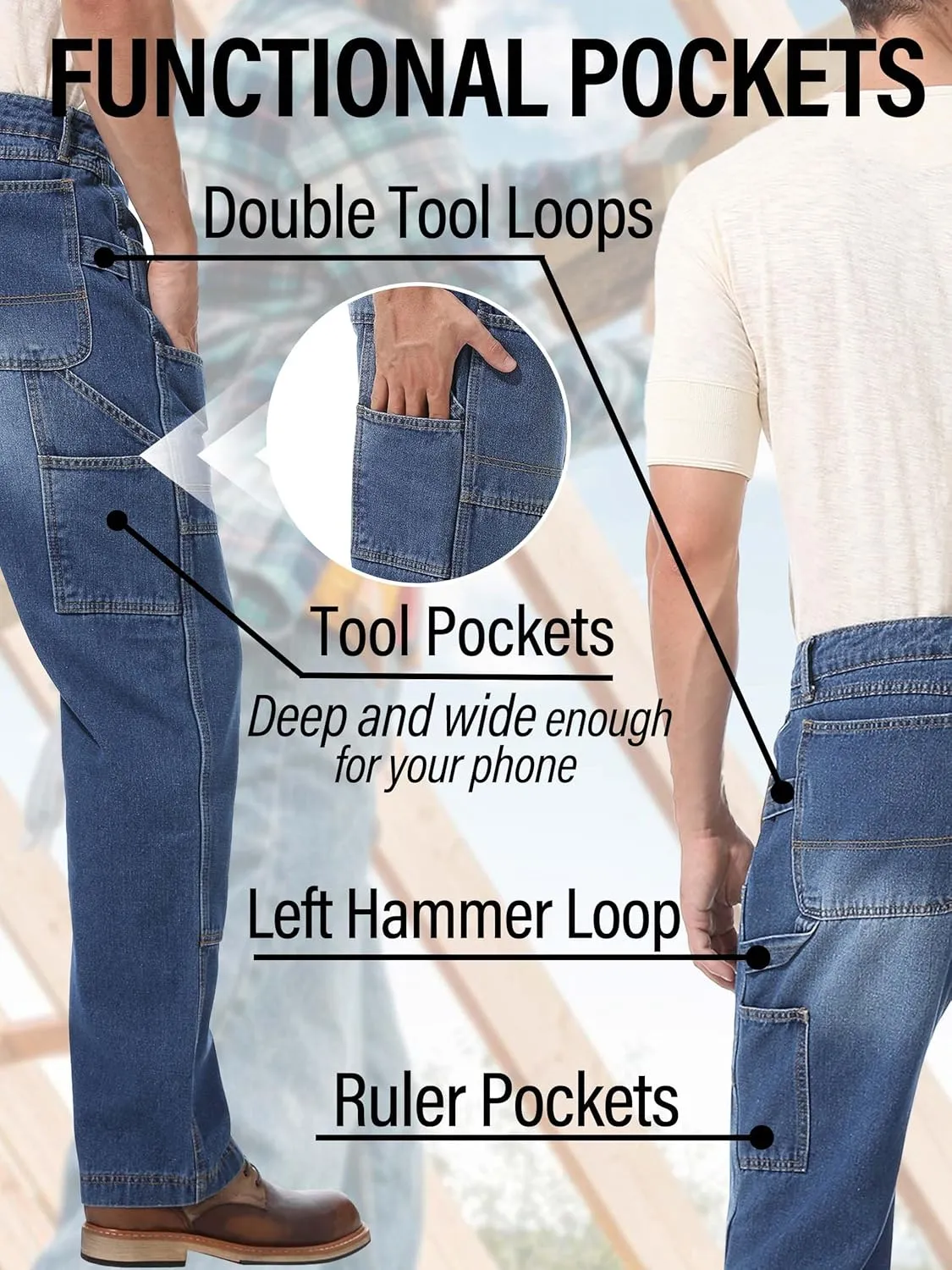 Mens Carpenter Jeans Double Knee Denim Cargo Pants Relaxed Fit