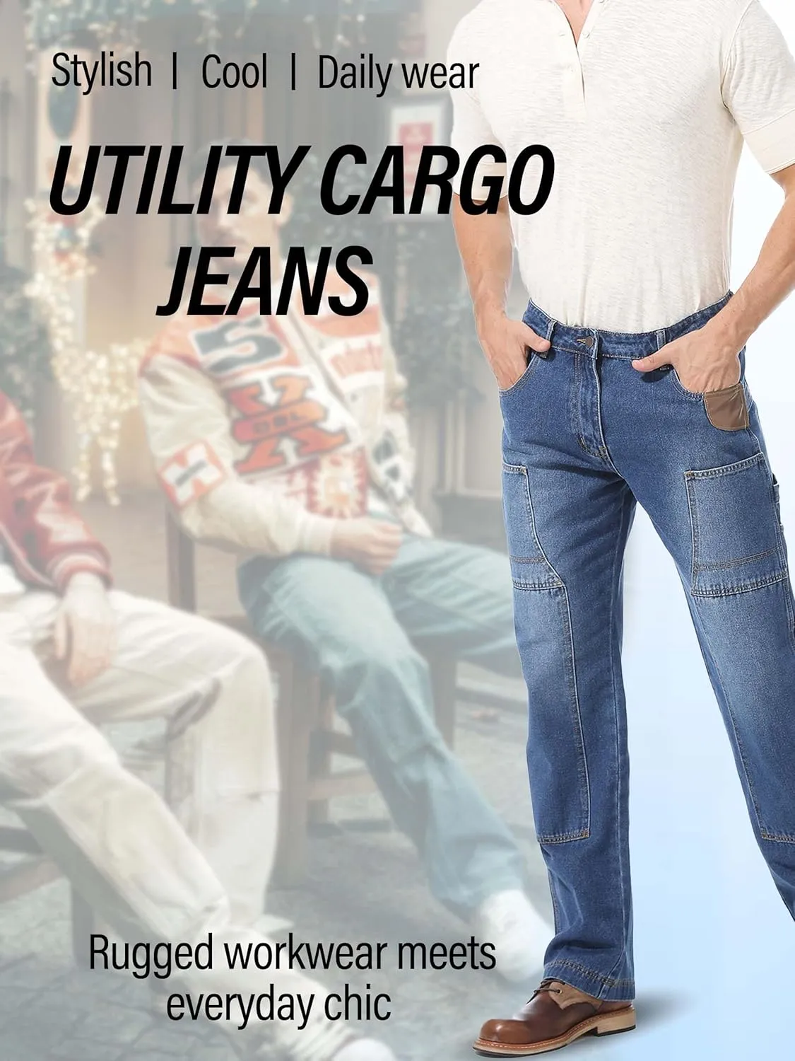 Mens Carpenter Jeans Double Knee Denim Cargo Pants Relaxed Fit