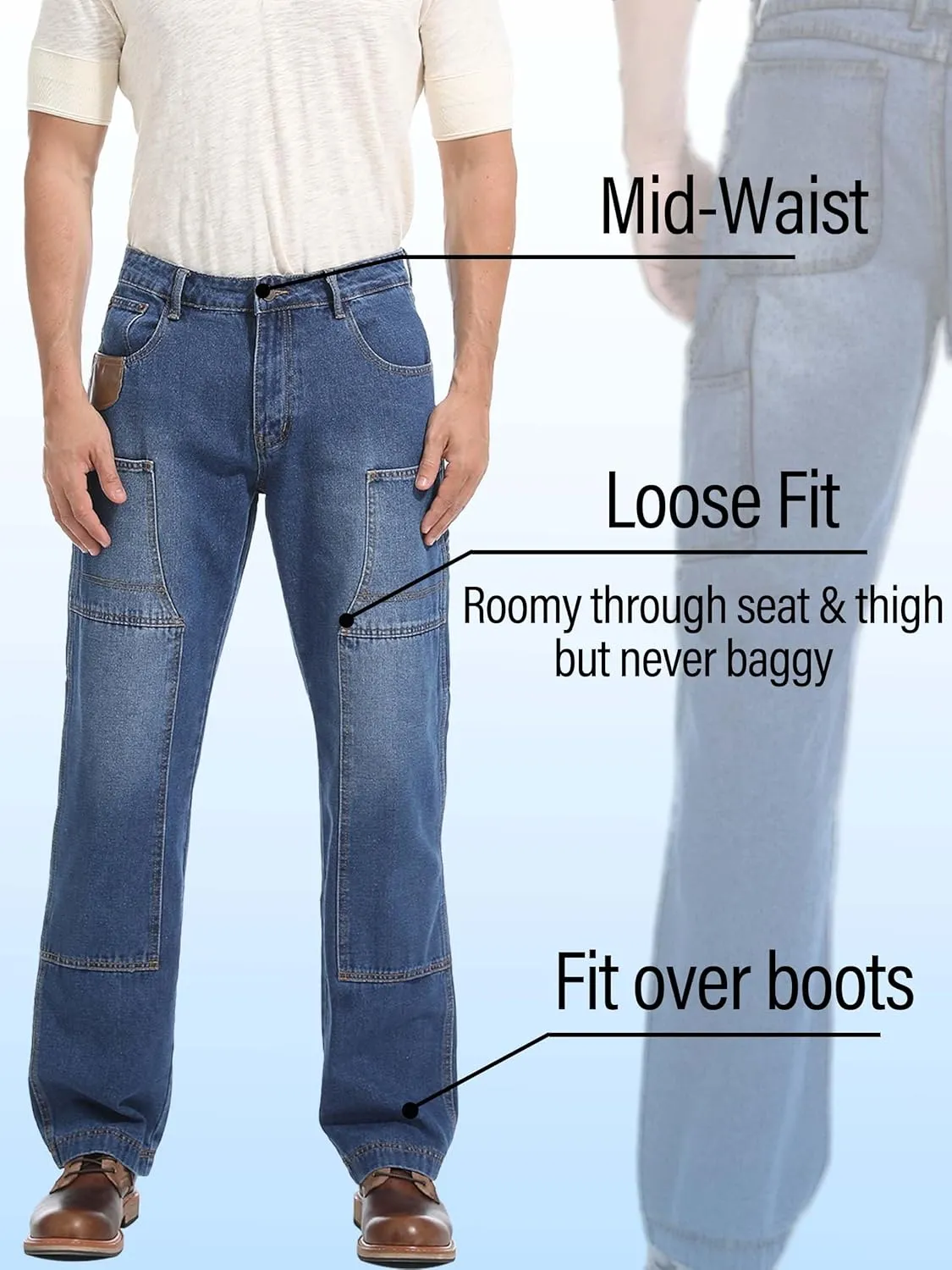 Mens Carpenter Jeans Double Knee Denim Cargo Pants Relaxed Fit