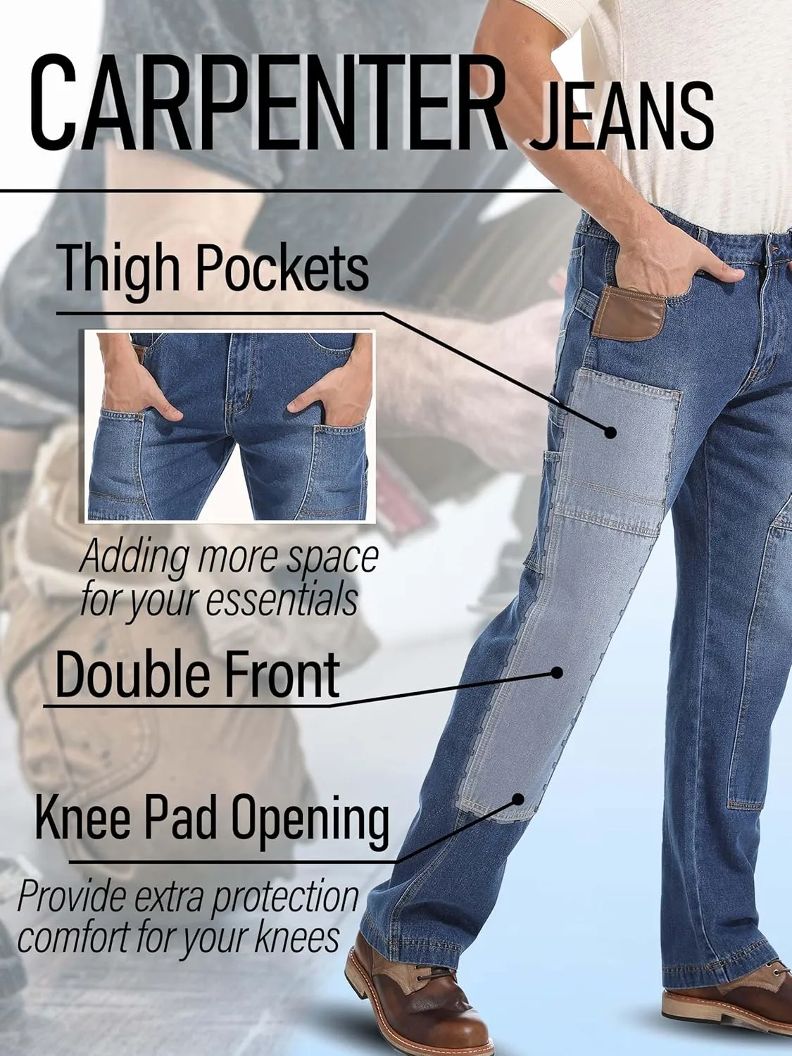 Mens Carpenter Jeans Double Knee Denim Cargo Pants Relaxed Fit