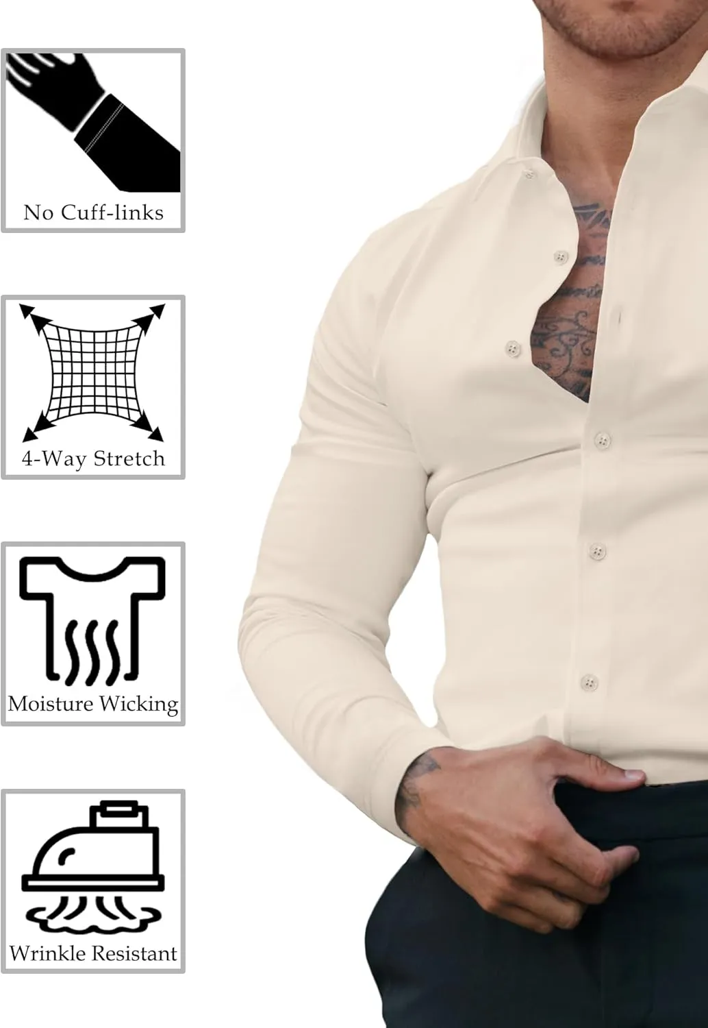 Men's Dress Shirt Slim Fit Button Down Shirt Long Sleeve No Cuff-Links Four Way Stretch Muscle Shirts for Men