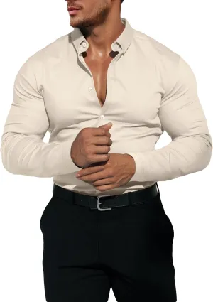 Men's Dress Shirt Slim Fit Button Down Shirt Long Sleeve No Cuff-Links Four Way Stretch Muscle Shirts for Men