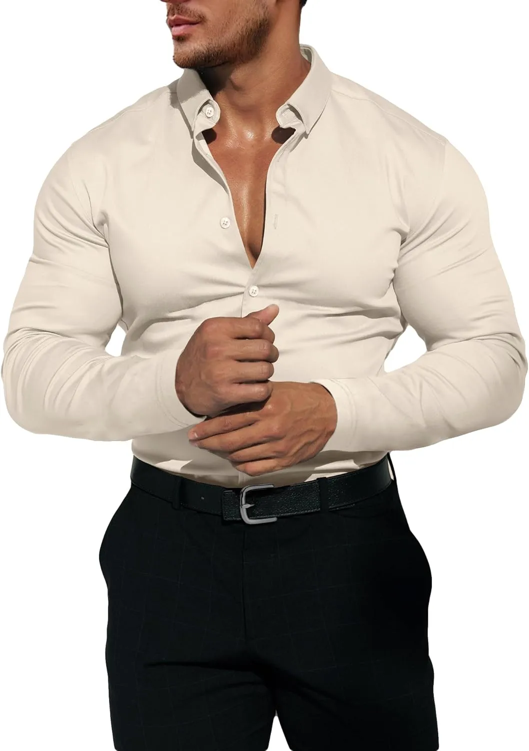Men's Dress Shirt Slim Fit Button Down Shirt Long Sleeve No Cuff-Links Four Way Stretch Muscle Shirts for Men