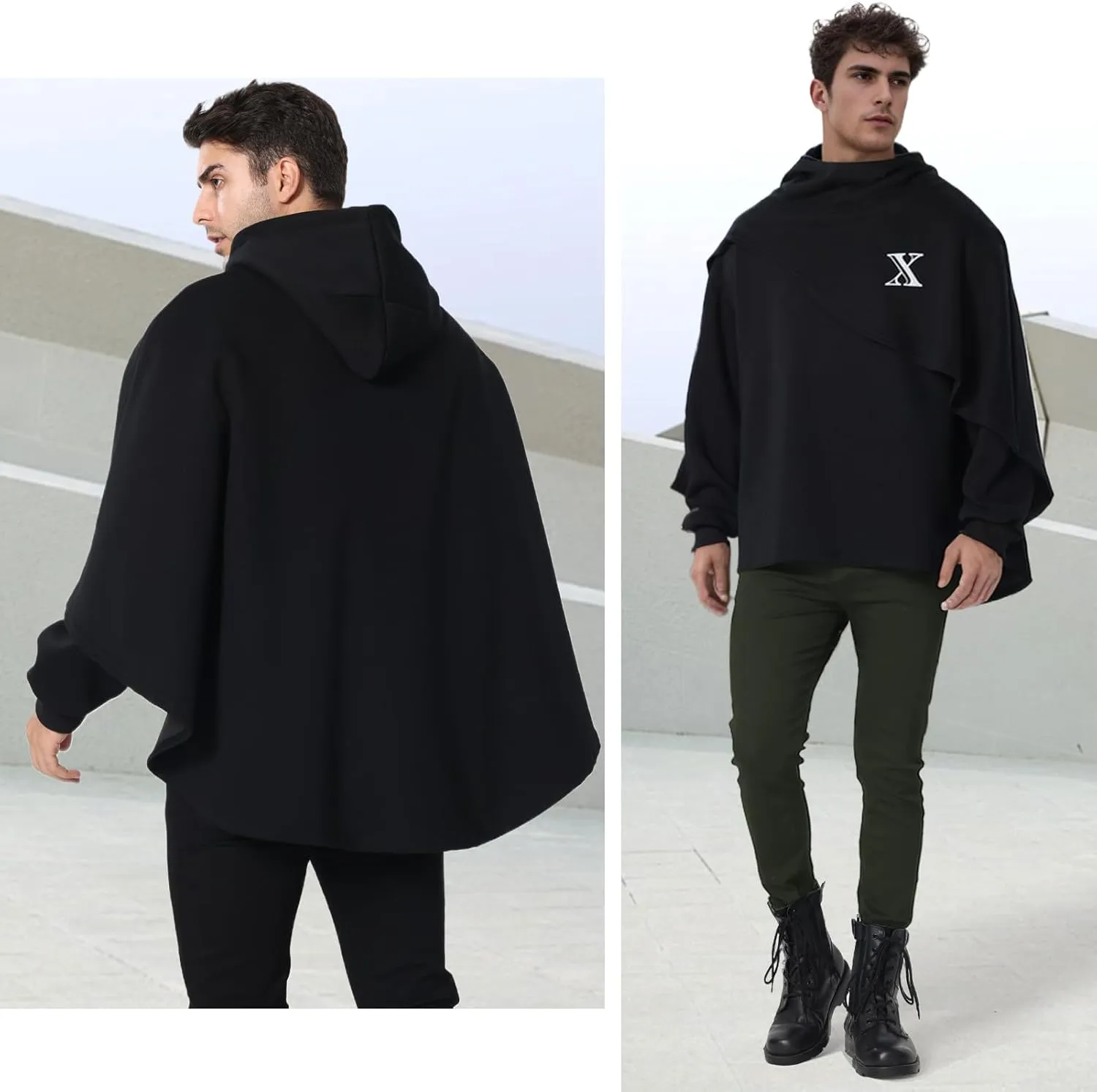 Men's Fashion Hoodie Poncho Cape Cloak Techwear Sweatshirts Unisex Lightweight Patchwork Casual Pullover