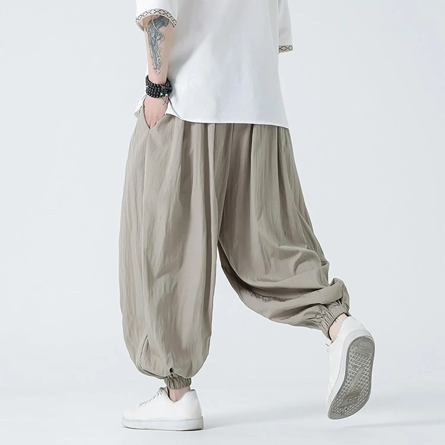 Mens Harem Pants Hip Hop Joggers Baggy Casual Drawstring Cotton Linen Trousers with Pockets