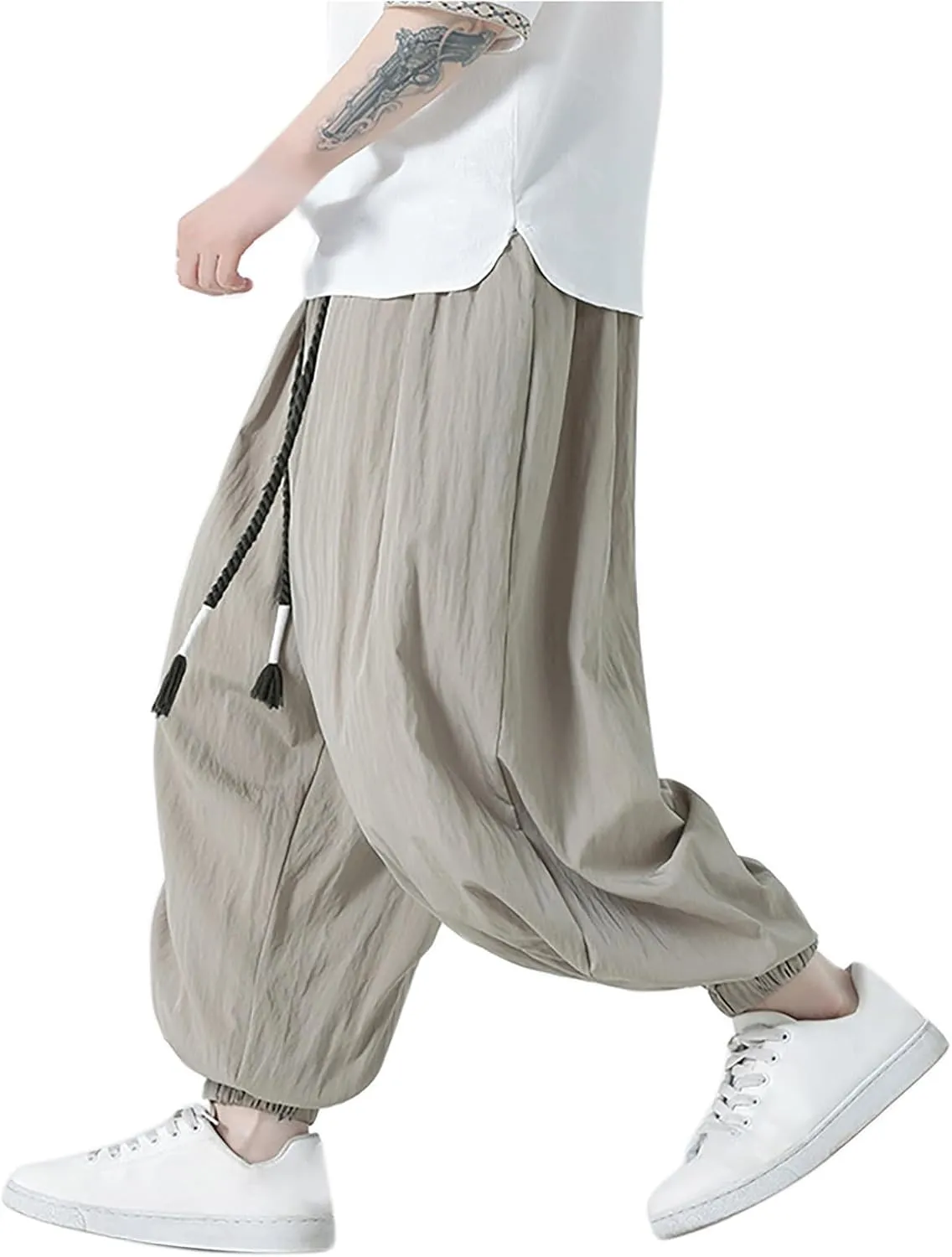 Mens Harem Pants Hip Hop Joggers Baggy Casual Drawstring Cotton Linen Trousers with Pockets