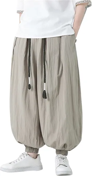 Mens Harem Pants Hip Hop Joggers Baggy Casual Drawstring Cotton Linen Trousers with Pockets