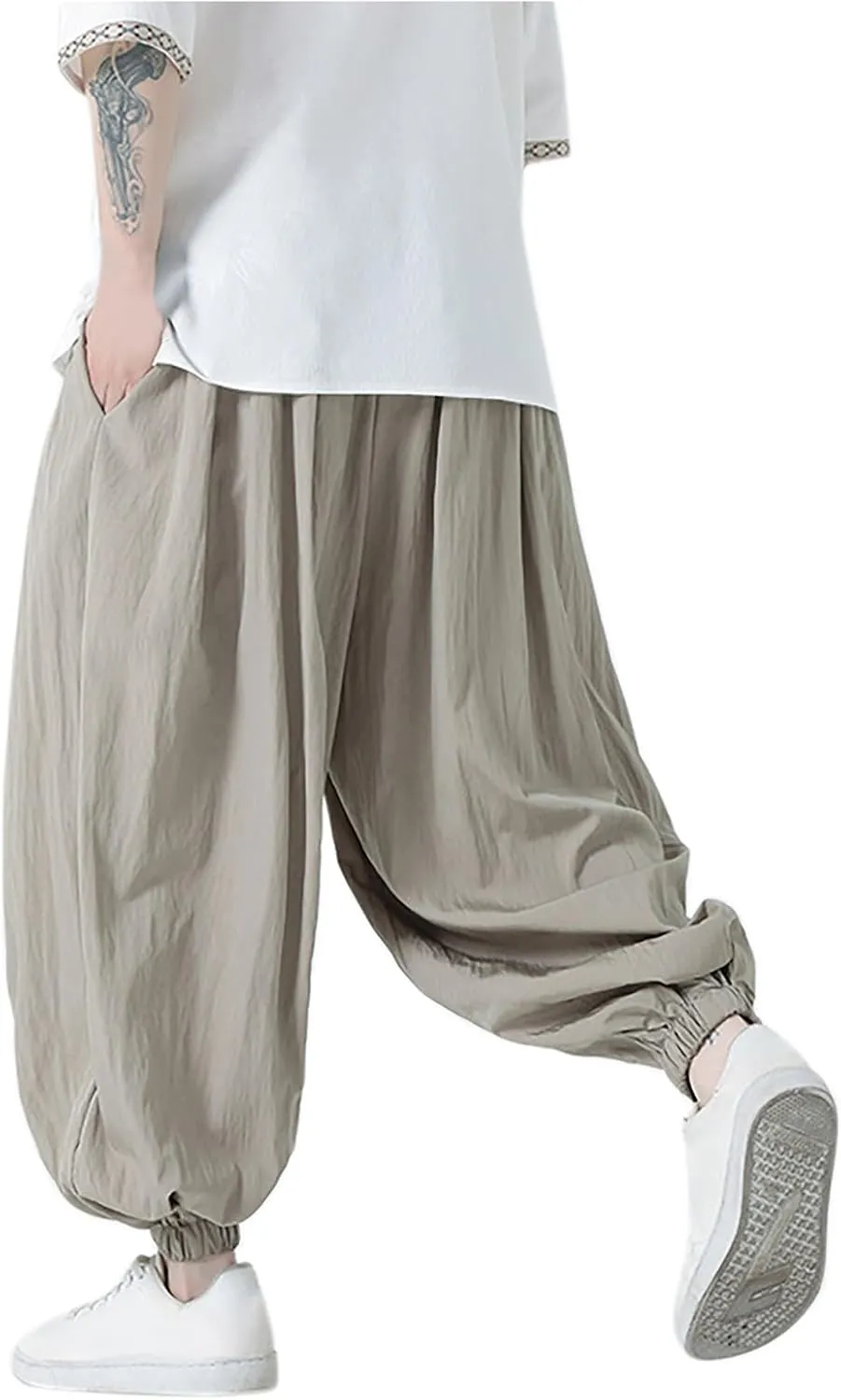 Mens Harem Pants Hip Hop Joggers Baggy Casual Drawstring Cotton Linen Trousers with Pockets