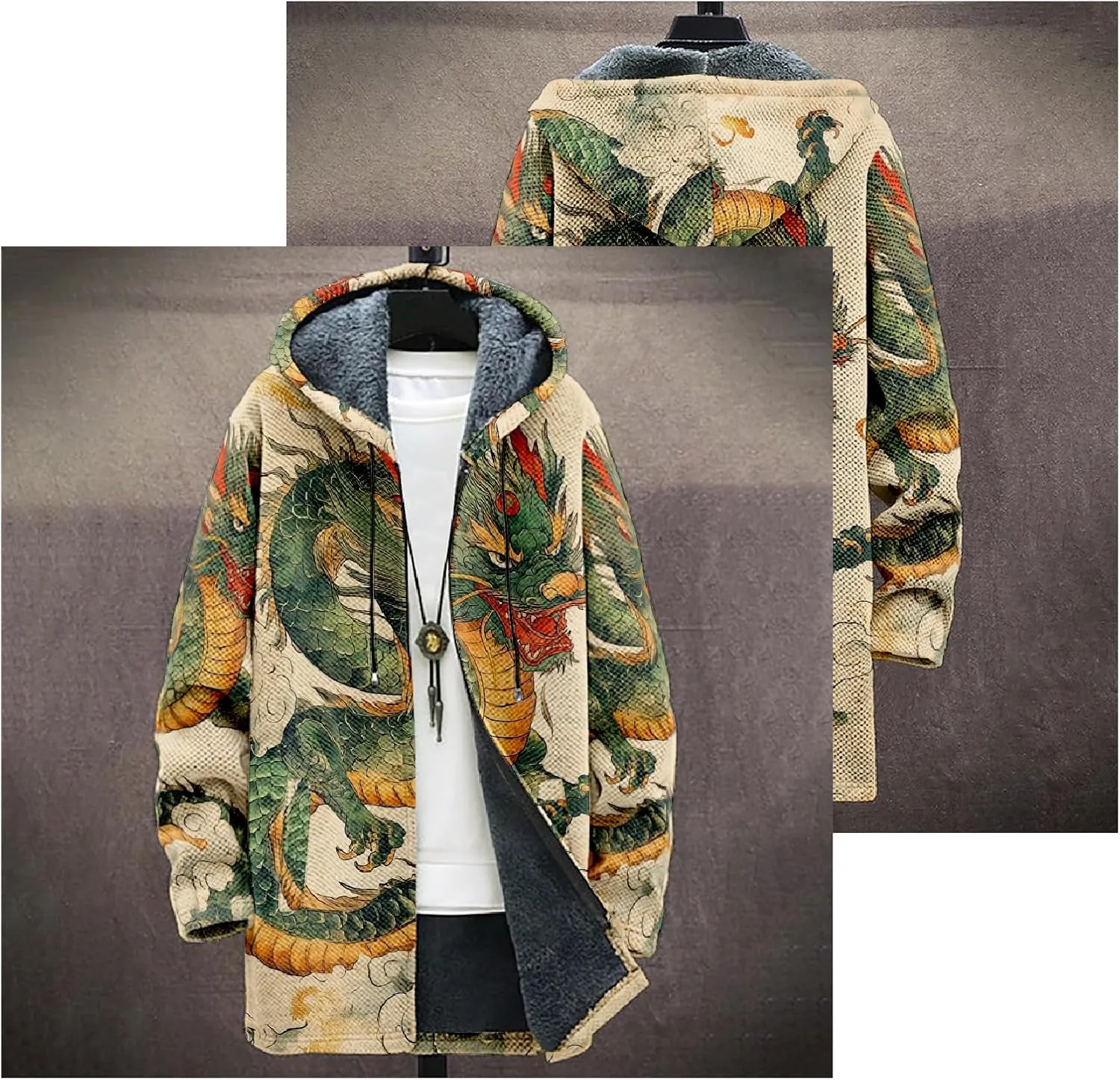 Mens Hooded Cardigan Sweater Japanese Art Zip Up Vintage Long Sleeve Casual Hoodie Dragon Print Coat with Pockets