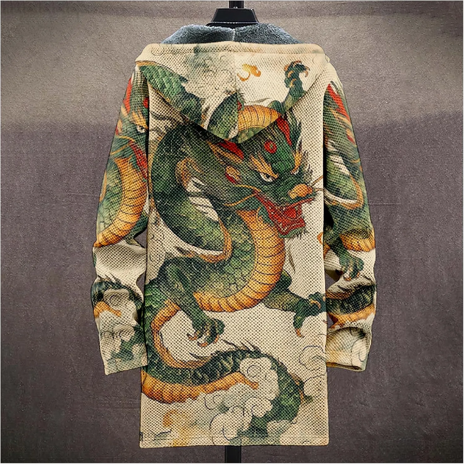 Mens Hooded Cardigan Sweater Japanese Art Zip Up Vintage Long Sleeve Casual Hoodie Dragon Print Coat with Pockets