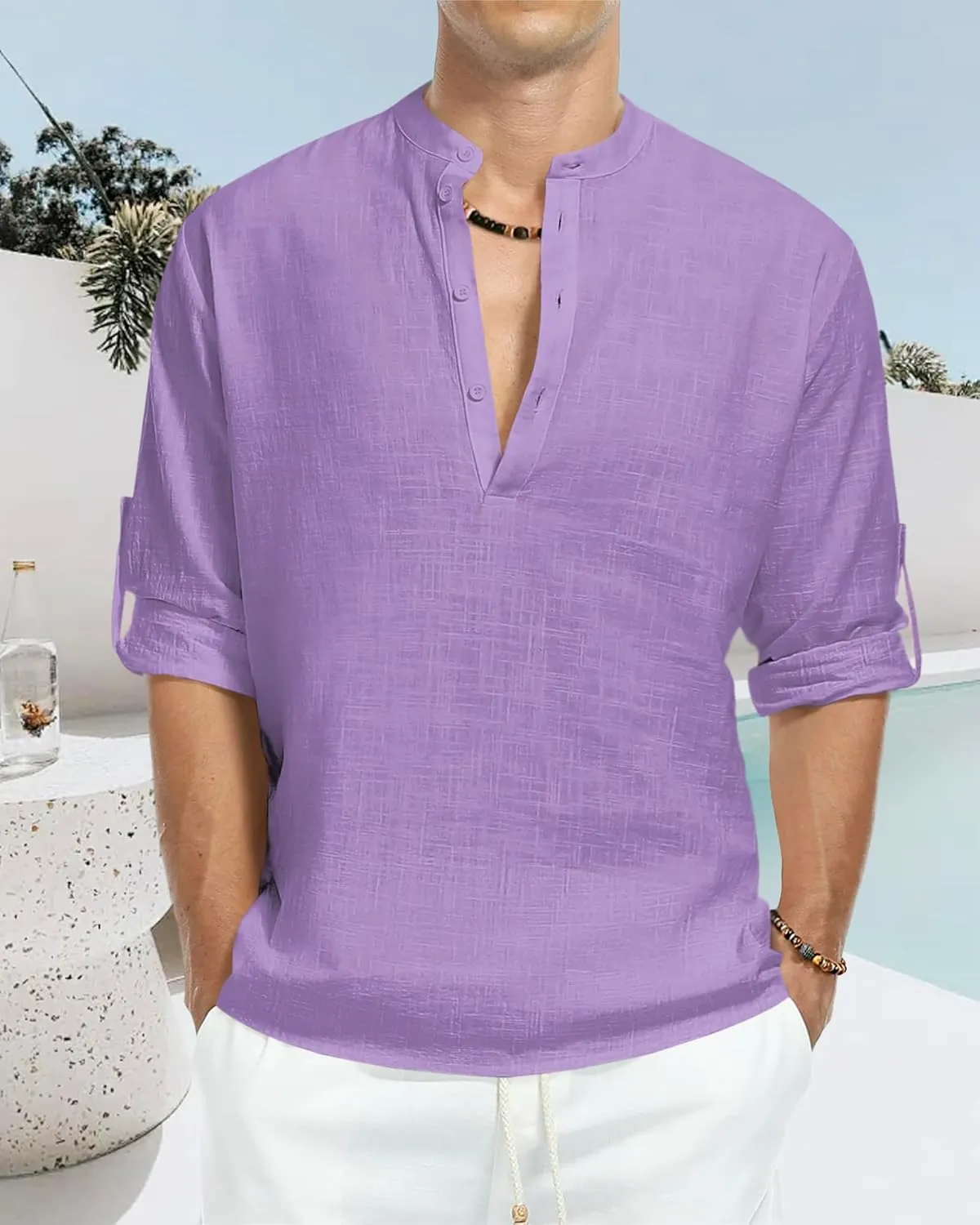Men's Linen Cotton Long Sleeve Button Down Henley Shirt Casual Solid Band Collar Beach Shirts
