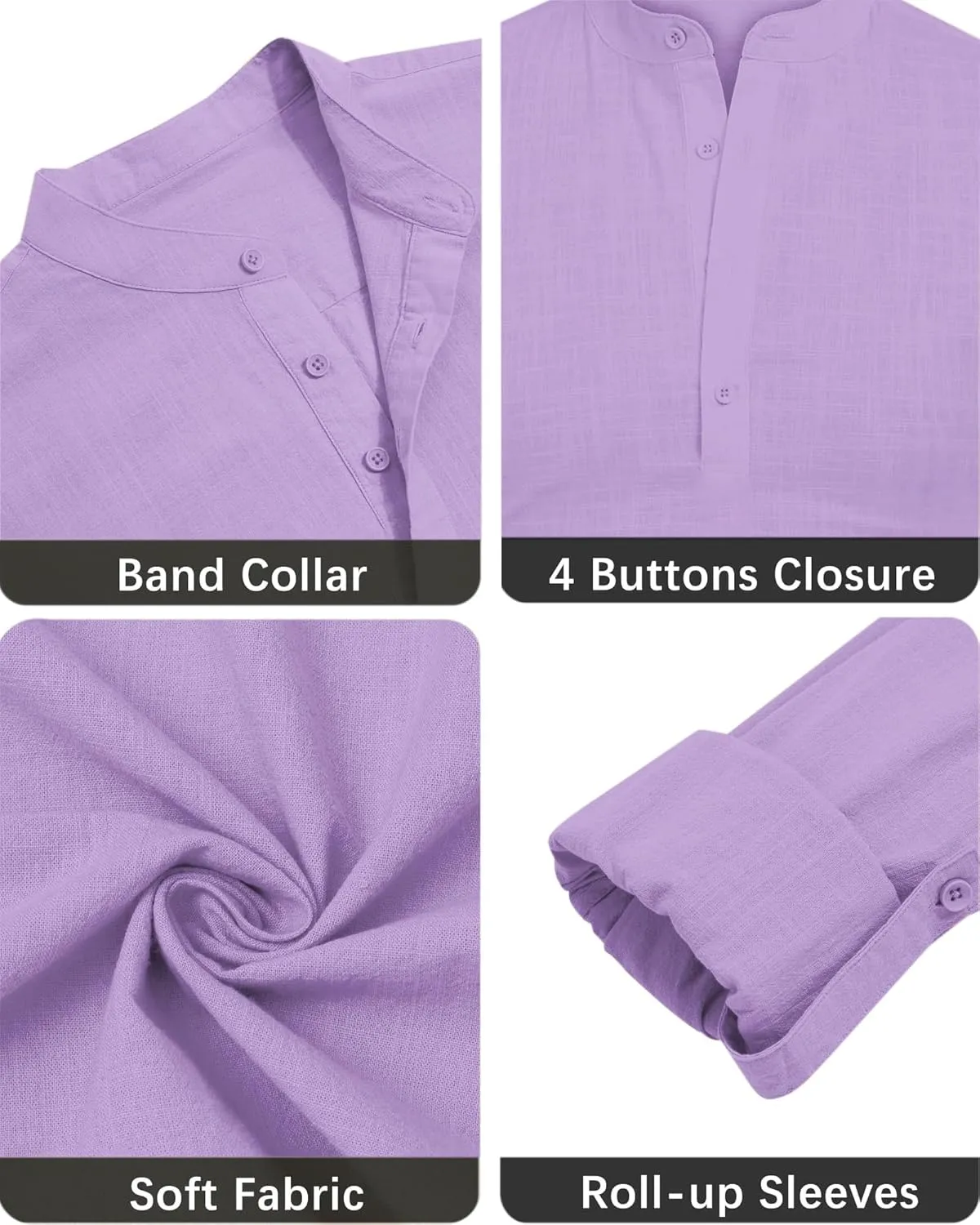 Men's Linen Cotton Long Sleeve Button Down Henley Shirt Casual Solid Band Collar Beach Shirts