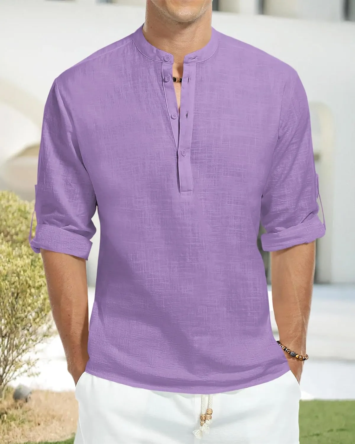 Men's Linen Cotton Long Sleeve Button Down Henley Shirt Casual Solid Band Collar Beach Shirts